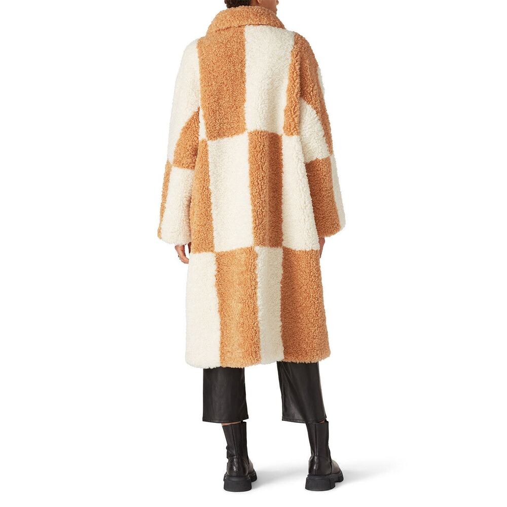 STAND STUDIO Brown White Checkered Pattern Faux Fur Oversized Nikki Coat Size 44 - Picture 4 of 16